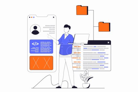 Photo for App development concept with people scene in flat outline design. Man develops mobile app interface and works with code, tests and optimizes. Illustration with line character situation for web - Royalty Free Image