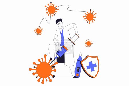 Photo for Coronavirus concept with people scene in flat outline design. Doctor with syringe makes vaccination and fights against viruses and diseases. Illustration with line character situation for web - Royalty Free Image