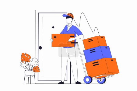Photo for Delivery service concept with people scene in flat outline design. Courier brought boxes on wheelbarrow to client door, moving and transport. Illustration with line character situation for web - Royalty Free Image
