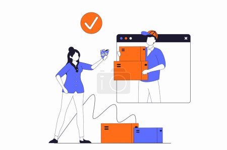 Photo for Delivery service concept with people scene in flat outline design. Woman orders courier parcel delivery online and pays to receive boxes. Illustration with line character situation for web - Royalty Free Image