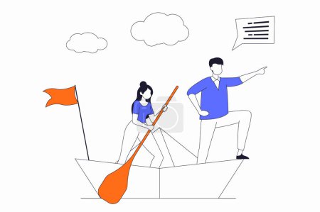 Photo for Leadership concept with people scene in flat outline design. Man and woman are sailing on boat, leader indicates direction for business team. Illustration with line character situation for web - Royalty Free Image