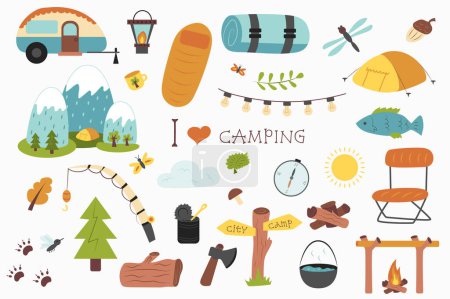 Photo for Camping and hiking isolated elements set in flat design. Bundle of trailer, sleeping bag, mat, tent, mountains, fishing rod, forest trees, firewood, canned food, ax and other. Illustration. - Royalty Free Image