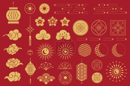 Photo for Chinese elements and ornates isolated set in flat design. Bundle of asian gold traditional and symbols to holiday, lanterns, clouds, flowers, frames, knots, rosettes and other. Illustration. - Royalty Free Image