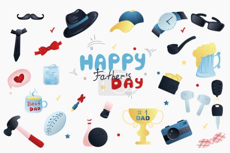 Photo for Father day holiday isolated elements set in flat design. Bundle of mustache, tie, hat, cap, wristwatch, glasses, tube, beer glass, key, camera, gold cup, shaving brush and other. Illustration. - Royalty Free Image