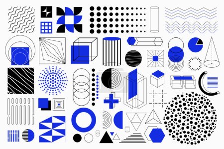 Photo for Geometric shapes isolated elements set in flat design. Bundle of different lines, squares, dots, cylinder, circle, rhombus, cubes, sphere, patterns, cross, triangles and other. Illustration. - Royalty Free Image