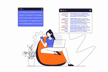 Photo for Programmers working concept with people scene in flat outline design. Woman working with code on different screens, optimizes and tests. Illustration with line character situation for web - Royalty Free Image