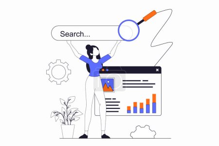 Photo for Seo optimization concept with people scene in flat outline design. Woman adjusts site metrics, analyzes keywords and optimizes data settings. Illustration with line character situation for web - Royalty Free Image