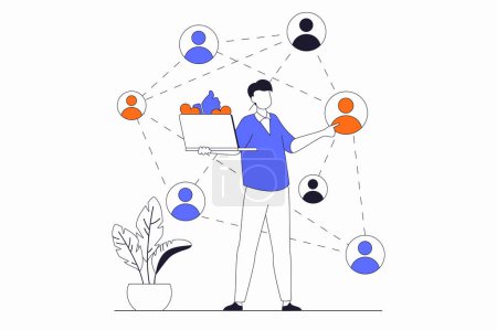 Social network concept with people scene in flat outline design. Man communicates online and interacts with connected groups on Internet. Illustration with line character situation for web