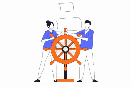 Photo for Teamwork concept with people scene in flat outline design. Man and woman hold steering wheel of ship, achieve goals and develop business. Illustration with line character situation for web - Royalty Free Image