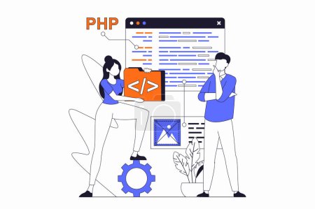 Photo for Web development concept with people scene in flat outline design. Woman and man working with php programming and creating website layouts. Illustration with line character situation for web - Royalty Free Image