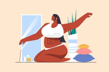 Photo for Body positive concept with people scene in flat design. Beautiful plus size curvy woman in underwear sits and looks lovingly at herself in mirror. Illustration with character situation for web - Royalty Free Image