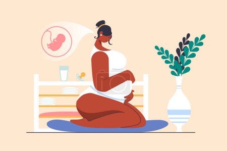 Photo for Pregnancy concept with people scene in flat design. Beautiful pregnant woman in lingerie sits and lovingly hugs her big belly and waiting for baby. Illustration with character situation for web - Royalty Free Image