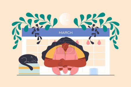 Photo for Critical days concept with people scene in flat design. Woman hugs herself during her menstrual period and marks dates on calendar with drops. Illustration with character situation for web - Royalty Free Image