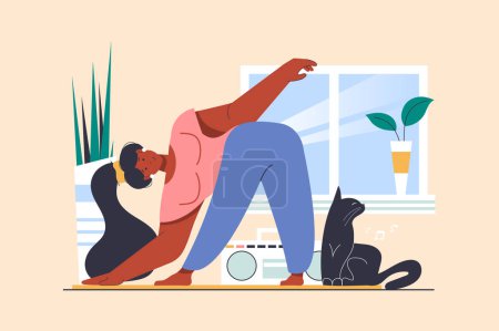 Photo for Fitness concept with people scene in flat design. Woman doing stretching exercises and training at home, making yoga asanas and sport workout. Illustration with character situation for web - Royalty Free Image