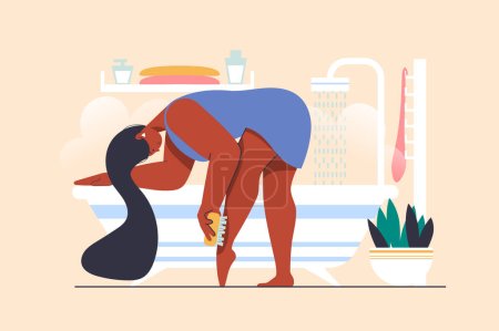 Foto de Concepto de masaje de drenaje con escena de personas en diseño plano. Mujer haciendo masaje de pies con cepillo seco, frotando la piel y haciendo tratamiento corporal en casa. Ilustración con situación de carácter para web - Imagen libre de derechos