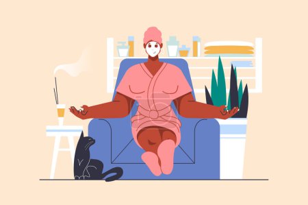 Photo for Spa salon concept with people scene in flat design. Woman with moisturizing facial mask sits in chair, relaxes and enjoys aromatherapy and care. Illustration with character situation for web - Royalty Free Image