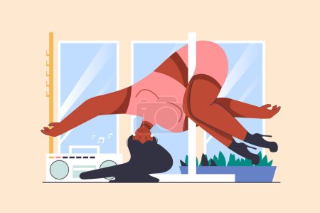 Photo for Strip dance concept with people scene in flat design. Flexible woman in high heels shoes doing pole dance, doing gymnastic exercises in studio. Illustration with character situation for web - Royalty Free Image