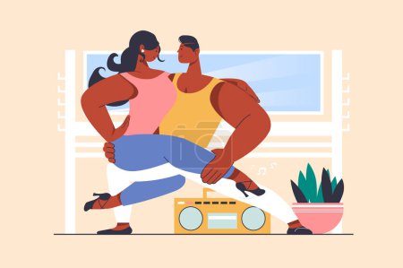 Photo for Bachata dance concept with people scene in flat design. Woman and man dancing latin dances in ballroom. Couple of dancers training in studio. Illustration with character situation for web - Royalty Free Image