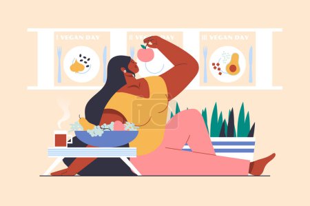 Photo for Vegetarianism concept with people scene in flat design. Woman follows veggie diet, eating fresh vegetables and fruits and cooking healthy meals. Illustration with character situation for web - Royalty Free Image