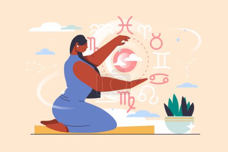 Photo for Astrology concept with people scene in flat design. Woman astrologer predicts fate and reads horoscope, works with zodiac signs and constellations. Illustration with character situation for web - Royalty Free Image
