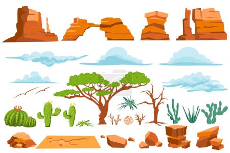Téléchargez les photos : Nature désertique éléments graphiques isolés dans un design plat. Bundle de différentes formes montagnes et rochers, pierres, nuages dans le ciel, arbres, cactus et autres plantes pour un climat aride. Illustration. - en image libre de droit