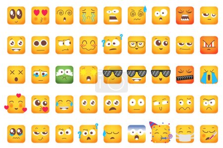 Elementos gráficos aislados Emoji en diseño plano. Paquete de diferentes caras emoticones con emociones de expresión: lindo, beso, llanto, gritos, enojado, disfrutar, pensar y otros. Ilustración.