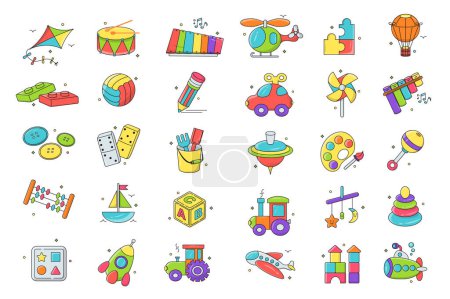 Zabawki dla dzieci izolowane elementy graficzne ustawione w płaskiej konstrukcji. Zestaw latawca, bęben, ksylofon, helikopter, puzzle, balon, konstruktor, piłka, ołówek, samochód, przyciski, domino i inne. Ilustracja.