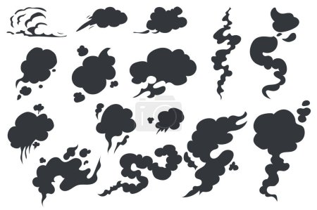 Téléchargez les photos : Silhouettes fumées éléments graphiques isolés dans un design plat. Ensemble de différentes formes de vapeur et de vapeur noires, d'odeurs de gaz ou de textures de nuages, de vitesses de déplacement dans un style comique. Illustration. - en image libre de droit