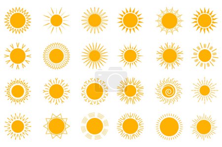 Téléchargez les photos : Eléments graphiques isolés du soleil dans un design plat. Lot de soleils orange avec lumière du soleil dans différentes formes, symboles géométriques ensoleillés d'été pour le décor saisonnier ou les prévisions météorologiques. Illustration. - en image libre de droit