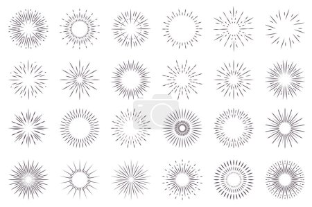 Photo for Sunburst isolated graphic elements set in flat design. Bundle of abstract round contour of sun or line firework explosions shapes, geometric light flash symbols for decoration. Illustration. - Royalty Free Image