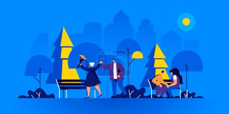 Photo for Romantic couples on evening date in park. Men and women in love spending time together outdoors. Cute male and female cartoon characters walking or sitting on bench at night. Flat illustration. - Royalty Free Image