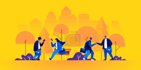 Photo for Business people or clerks with briefcases walking or running along city street. Businessmen and businesswomen meeting in park, greeting each other and shaking hands. Flat illustration. - Royalty Free Image