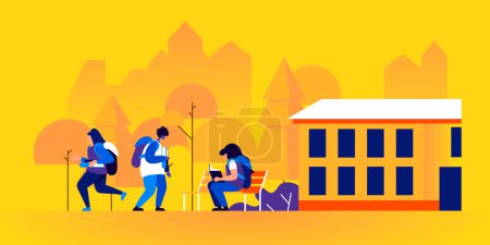 Photo for Children reading books outside of school building. Pupils or schoolmates with textbooks studying outdoors. Young boys and girls with backpacks on city street. Flat illustration. - Royalty Free Image