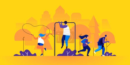 Photo for Male and female athletes jogging or running, jumping with rope, performing pull-ups in park. Outdoor sports training, street workout or fitness exercise. Flat illustration. - Royalty Free Image