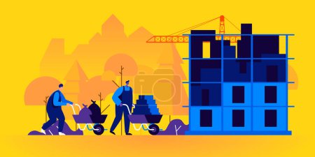 Photo for Builders working on construction site. Pair of workers using wheelbarrows to carry bricks and constructing building. City engineering, urban development. Flat illustration. - Royalty Free Image