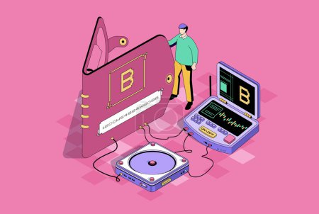Bitcoin wallet concept in 3d isometric design. Man using secure electronic wallet for online transactions and earning cryptocurrency. Isometry illustration with people scene for web graphic
