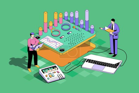 Photo for Data analysis concept in 3d isometric design. Men make report and market research, work with charts or graphs at dashboard at laptops. Isometry illustration with people scene for web graphic - Royalty Free Image