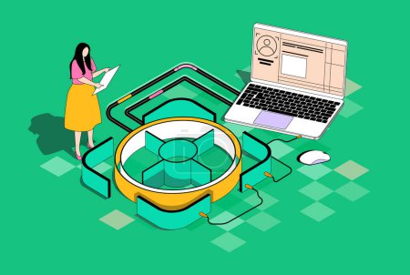 Foto de Focus group concept in 3d isometric design. Woman doing market and consumer research, analyze data and working with customers feedback. Isometry illustration with people scene for web graphic - Imagen libre de derechos