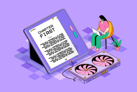 Photo for Online reading concept in 3d isometric design. Woman reading e-books on laptop application, buying electronic books in online bookstore. Isometry illustration with people scene for web graphic - Royalty Free Image