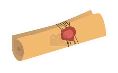 Téléchargez les photos : Antique rolled papyrus scroll with ribbon and wax seal. Illustration in cartoon design isolated - en image libre de droit