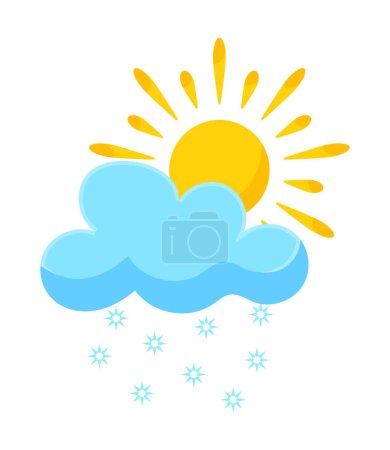 Foto de Sun, blue snowy cloud and falling snowflakes. Weather forecast element. Illustration in cartoon design - Imagen libre de derechos