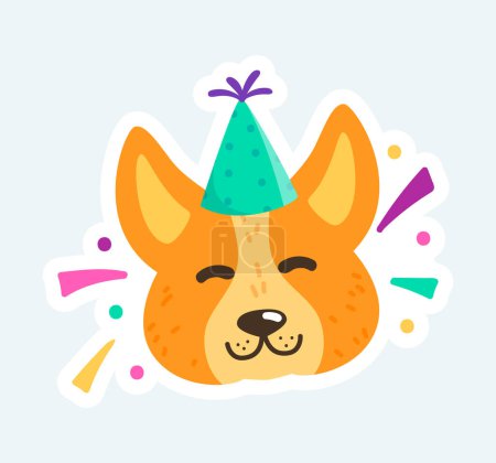 Foto de Cute smiling dog character head in festive hat celebrates birthday. Illustration in cartoon sticker design - Imagen libre de derechos