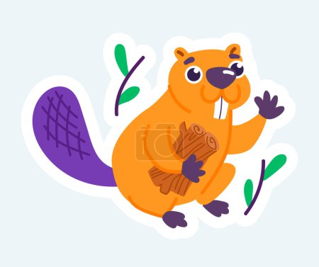 Téléchargez les photos : Cute beaver holding woods, forest animal at camping journey. Illustration in cartoon sticker design - en image libre de droit