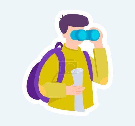 Foto de Tourist man with camping backpack holding map and looking binoculars. Illustration in cartoon sticker design - Imagen libre de derechos