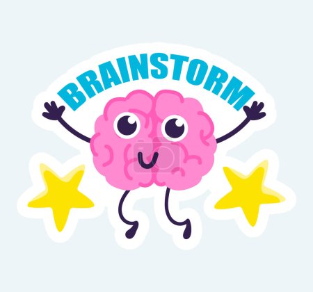 Foto de Happy brain with cute face brainstorm of creative ideas. Illustration in cartoon sticker design - Imagen libre de derechos