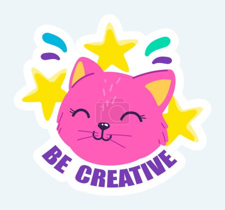 Photo for Be creative text and cute smiling cat face with stars. Illustration in cartoon sticker design - Royalty Free Image