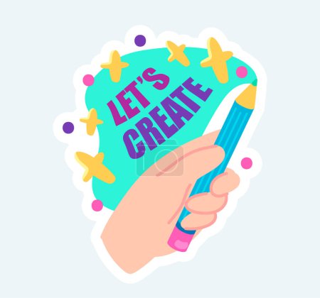 Photo for Let create quote text with hand holding pencil for drawing. Illustration in cartoon sticker design - Royalty Free Image