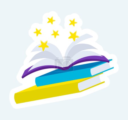 Téléchargez les photos : Open book with stars on textbooks stack. Science and education. Illustration in cartoon sticker design - en image libre de droit