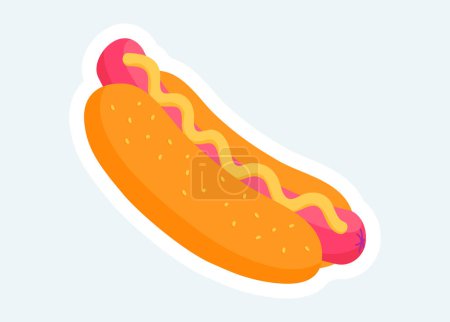 Foto de Hot dog with sausage and ketchup in bun. Fast food and takeaway. Illustration in cartoon sticker design - Imagen libre de derechos