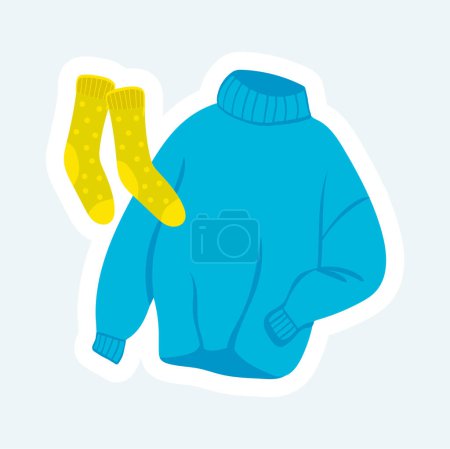 Foto de Warm woolen sweater and cute socks. Cozy home elements. Illustration in cartoon sticker design - Imagen libre de derechos